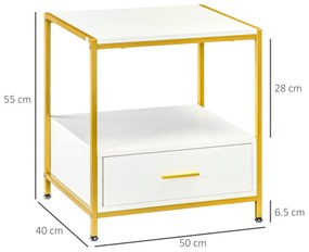 Set de 2 Masute Noptiere Moderne, Noptiere cu Sertar si Raft, Organizatoare de Depozitare, Alb si Auriu 50x40x55cm HOMCOM | Aosom Romania