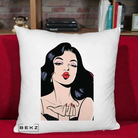 Perna Decorativa Femeie Pop-Art Kiss, 40x40 cm, Alb Pufos, Husa Detasabila, Perna Inclusa, BEKZ®