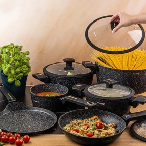 Set de oale și tigăi Klausberg KB 7966, 12 bucăți, Turnat, Acoperire antiaderentă din marmură, Inducție, Negru