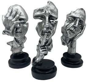 Set 3 Statuete Thinker Face 15cm, Argintiu