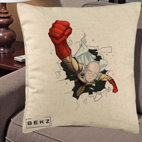 Perna Personalizata One Punch Man Saitama Pumn, 40x40 cm, Bej, Husa Detasabila, Perna Inclusa, BEKZ®