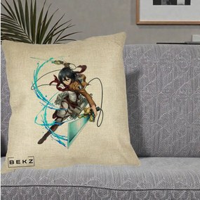 Perna Personalizata Attack on Titan Mikasa Ackerman Lupta, 40x40 cm, Crem, Husa Detasabila, Perna Inclusa, BEKZ®