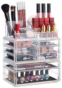 Organizator produse cosmetica 8 sertare  suport pentru pensule creioane si rujuri Transparent /Auriu Acril