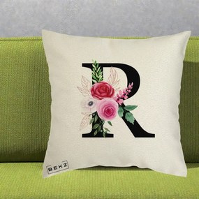Cadou Personalizat - Perna Personalizata Monograma Florala Litera R, 40x40 cm, Ecru, Husa Detasabila, Perna Inclusa, BEKZ®