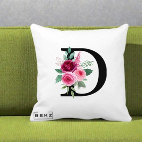 Cadou Personalizat - Perna Personalizata Monograma Florala Litera D, 40x40 cm, Alba Mata, Husa Detasabila, Perna Inclusa, BEKZ®
