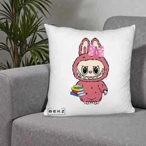 Perna Personalizata Labubu Roz cu Funda si Carti, 40x40 cm, Alb Pufos, Husa Detasabila, Perna Inclusa, BEKZ®