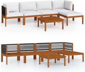 vidaXL Set fotoliu de grădină cu 6 piese, perne, lemn crem, acacia și frânghie