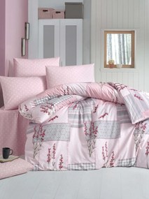 Lenjerie de pat dubla King Size, Victoria, Burcak, 4 piese, 100% bumbac ranforce, roz pudra/gri
