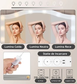 SEA487 - Set Masa toaleta alba, 108 cm cosmetica machiaj, oglinda cu LED, scaun tapitat, masuta vanity cu Priza si USB si Manere Aurii