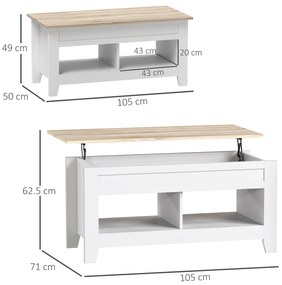 HOMCOM Masă de cafea cu blat rabatabil, masă de living cu rafturi și compartiment ascuns,105 x 50 x 49-62,5 cm alb | Aosom Romania