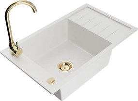 Mexen Elias chiuvetă de granit cu 1 cuvă cu picurător și baterie de bucătărie Telma, alb - 6511-20-670200-50