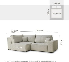 Colțar gri extensibil/cu spațiu de depozitare cu tapițerie din catifea reiată (cu colț pe partea stângă/în formă de ”L”) Tonga – Maison de Rêve