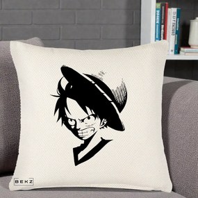 Perna Personalizata One Piece Luffy Silueta Alb-Negru, 40x40 cm, Crem Reliefat, Husa Detasabila, Perna Inclusa, BEKZ®