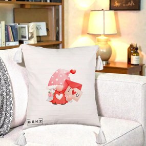 Cadou Romantic - Perna Personalizata I Love You Gnome Valentine cu Scrisoare, 40x40 cm, Bej cu Franjuri, Husa Detasabila, Perna Inclusa, BEKZ®