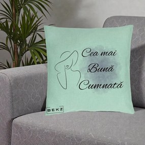 Cadou pentru Cumnata - Perna Personalizata Cea mai Buna Cumnata cu Silueta Dama si Pete Violet, 40x40 cm, Verde Menta, Husa Detasabila, Perna Inclusa, BEKZ®
