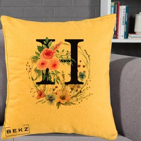 Cadou Personalizat - Perna Personalizata Monogram Litera H cu Flori Acuarela, 40x40 cm, Galben, Husa Detasabila, Perna Inclusa, BEKZ®