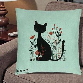 Perna Decorativa Pisica Neagra Flori Rosii Folk Minimal, 40x40 cm, Verde Menta, Husa Detasabila, Perna Inclusa, BEKZ®