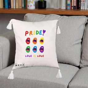 Perna Personalizata Pride Love is Love Curcubeu, 40x40 cm, Bej cu Franjuri, Husa Detasabila, Perna Inclusa, BEKZ®
