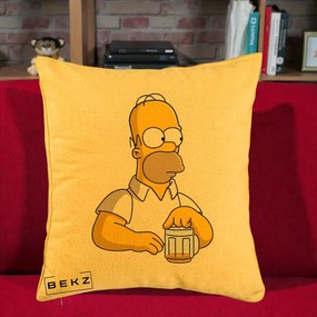 Perna Personalizata Homer Simpson cu Bere, 40x40 cm, Galben, Husa Detasabila, Perna Inclusa, BEKZ®