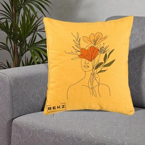 Perna Decorativa Portret Feminin Coroana Florala, 40x40 cm, Galben, Husa Detasabila, Perna Inclusa, BEKZ®