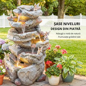 Outsunny Fântână de exterior cu design de rocă în 6 niveluri, cascadă de apă cu lumini LED, debit reglabil, gri | Aosom Romania