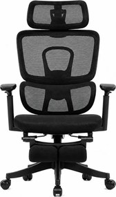 Scaun Ergonomic Premium cu Suport pentru Picioare, Reclinare 145°, Tetieră Reglabilă, Cotiere 3D, Suport Lombar Elastic și Șezut cu adâncime reglabilă, Negru