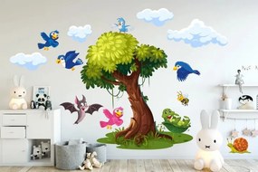 Autocolant de perete pentru copac copii și păsări fericite 150 x 300 cm