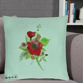 Perna Decorativa Buchet Rosu Acuarela, 40x40 cm, Verde Menta, Husa Detasabila, Perna Inclusa, BEKZ®