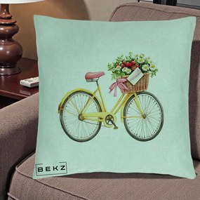 Perna Decorativa Bicicleta Galbena cu Cos de Flori Primavara, 40x40 cm, Verde Menta, Husa Detasabila, Perna Inclusa, BEKZ®