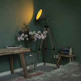 Lampă de podea industrială pe trepied din lemn cu abajur gri - Laos