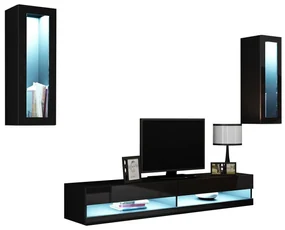 Camera de zi Comfivo 211Negru lucios, Negru, Părți separate, Cu comodă tv, Cu componente suplimentare, PAL laminat, Sticlă călită, MDF, 180x40cm, 43 kg