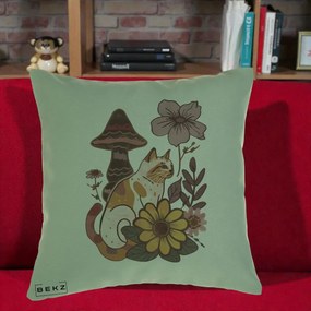 Perna Decorativa Pisica Vintage Florala Boho, 40x40 cm, Verde, Husa Detasabila, Perna Inclusa, BEKZ®