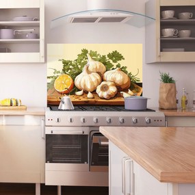 Panou Sticla Bucatarie, 80x120cm, Protectie aragaz, Antistropi, Termorezistent, Alimente, Condimente, Garlic Lemon