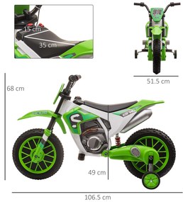 Motocicleta de Cros Electrica HOMCOM pentru Copii de 3-5 ani, Baterie 12V Reincarcabila 106,5x51,5x68cm, Verde | Aosom RO