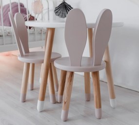 Set masuta rotunda alba si 2 scaunele iepuras roz