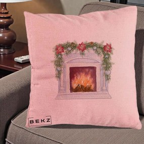 Perna Decorativa Semineu de Craciun Watercolor, 40x40 cm, Roz, Husa Detasabila, Perna Inclusa, BEKZ®