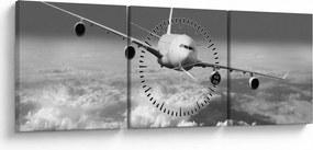 Tablou - Avion în nori, alb și negru (cu ceas) (90x30 cm)