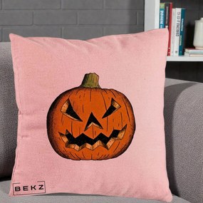 Perna Decorativa Halloween Dovleac Portocaliu Clasic, 40x40 cm, Roz, Husa Detasabila, Perna Inclusa, BEKZ®