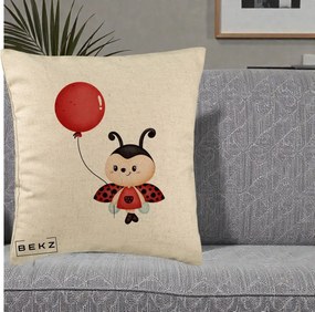 Perna Decorativa Buburuza cu Balon Rosu, 40x40 cm, Bej, Husa Detasabila, Perna Inclusa, BEKZ®