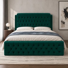 Pat tapițat din catifea Aveline 140×200 cm, verde, cu ladă de depozitare