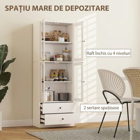 HOMCOM Vitrină Înaltă de Bucătărie 170 cm, 4 Uși din Sticlă, 2 Sertare, Polițe Reglabile, pentru Dining și Living, Alb | Aosom Romania