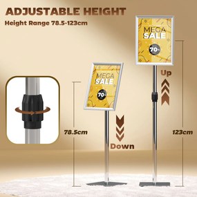 HOMCOM Suport Poster A3, Expozitor Publicitar de Podea cu Înălțime și Înclinare Reglabile, 40x30x129-135 cm, Argintiu | Aosom Romania