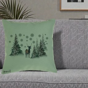 Perna Decorativa Ren in Padure Inzapezita, 40x40 cm, Verde, Husa Detasabila, Perna Inclusa, BEKZ®