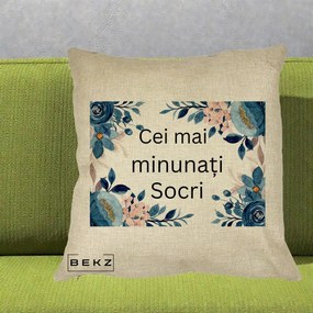 Cadou pentru Socri - Perna Personalizata Cei mai Minunati Socri cu Flori Albastre si Roz, 40x40 cm, Crem, Husa Detasabila, Perna Inclusa, BEKZ®