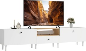 HOMCOM Comodă TV 200 cm pentru televizoare până la 228,6 cm, 2 compartimente rabatabile, spațiu deschis, sertar, 8 picioare, placă aglomerată, alb | Aosom Romania