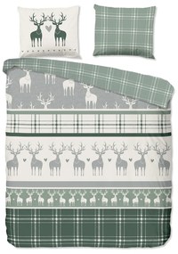 Lenjerie de pat verde/crem din flanelă pentru pat dublu/extinsă 200x220 cm Bjirk – Good Morning