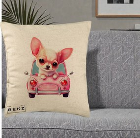 Perna Decorativa Chihuahua Roz in Masinuta, 40x40 cm, Bej, Husa Detasabila, Perna Inclusa, BEKZ®