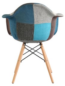 SCAUN CU BRATE DESIGN SHELL, MODEL PATCHWORK DENIM, SEZUT TAPITAT TEXTIL, PICIOARE LEMN