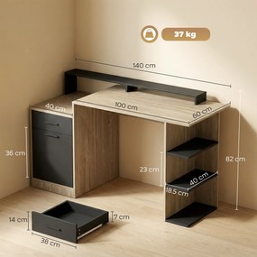 HOMCOM Masă pentru calculator cu spațiu de depozitare și rafturi, birou modern pentru birou și cameră de lucru, 140 cm, stejar | Aosom Romania