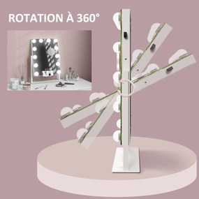 HOMCOM Oglindă Hollywood cu 12 becuri LED, luminos reglabil, rotație la 360°, magnificare 10X, atingere tactilă, alb | Aosom Romania